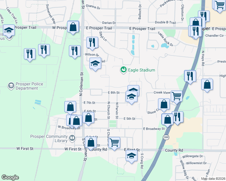 map of restaurants, bars, coffee shops, grocery stores, and more near 406 North Church Street in Prosper