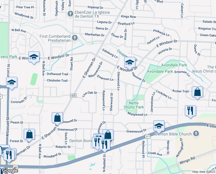 map of restaurants, bars, coffee shops, grocery stores, and more near 2620 Robinwood Lane in Denton