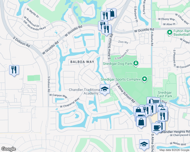 map of restaurants, bars, coffee shops, grocery stores, and more near 4462 South Wildflower Place in Chandler