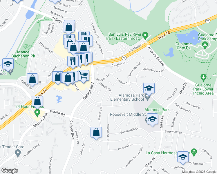 map of restaurants, bars, coffee shops, grocery stores, and more near 705 Mosaic Circle in Oceanside
