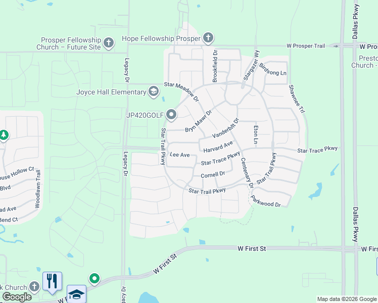 map of restaurants, bars, coffee shops, grocery stores, and more near 2090 Windomere Drive in Prosper