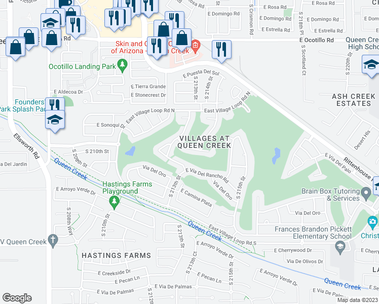 map of restaurants, bars, coffee shops, grocery stores, and more near 21317 East Vía Del Palo in Queen Creek