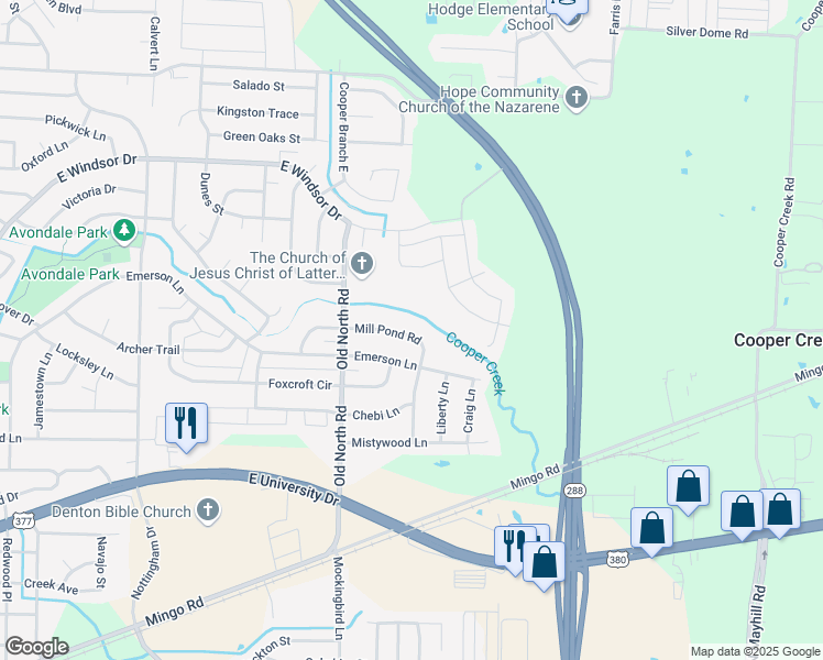 map of restaurants, bars, coffee shops, grocery stores, and more near 2741 Mill Pond Road in Denton