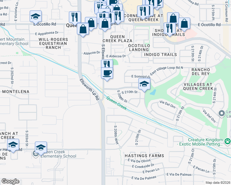 map of restaurants, bars, coffee shops, grocery stores, and more near 20844 East Via del Rancho in Queen Creek