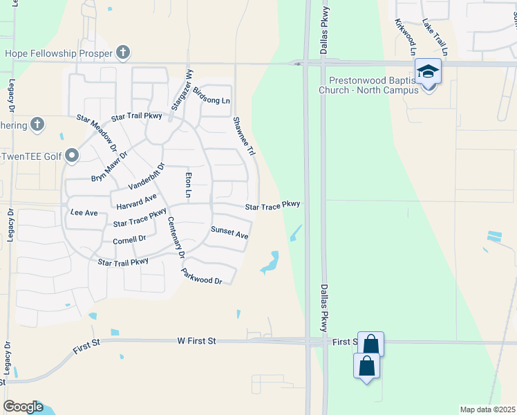 map of restaurants, bars, coffee shops, grocery stores, and more near Shawnee Trail in Prosper