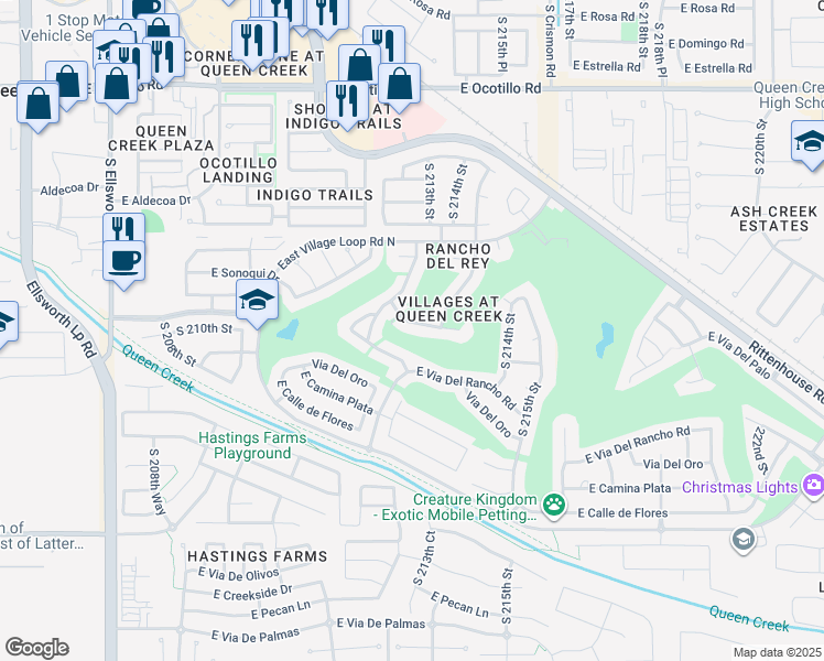 map of restaurants, bars, coffee shops, grocery stores, and more near 21310 East Via del Rancho in Queen Creek