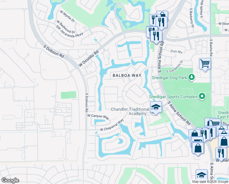 map of restaurants, bars, coffee shops, grocery stores, and more near 1726 West Kaibab Drive in Chandler