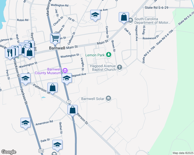 map of restaurants, bars, coffee shops, grocery stores, and more near 54 Gordon Street in Barnwell
