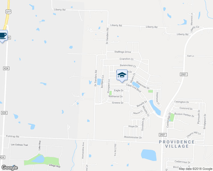 map of restaurants, bars, coffee shops, grocery stores, and more near 2021 Prospect Lane in Denton County