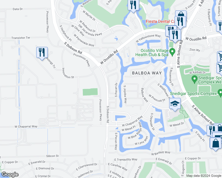 map of restaurants, bars, coffee shops, grocery stores, and more near 4443 South Greythorne Way in Chandler