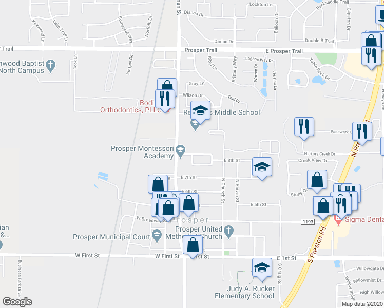 map of restaurants, bars, coffee shops, grocery stores, and more near Prairie Vista Drive in Prosper
