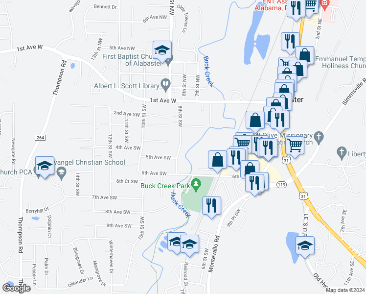 map of restaurants, bars, coffee shops, grocery stores, and more near 349 8th Street Southwest in Alabaster