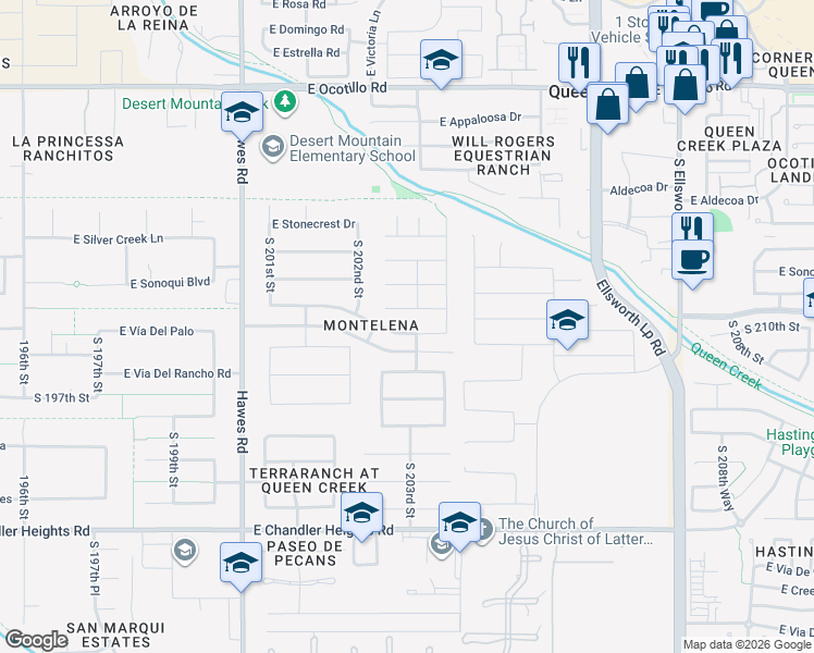 map of restaurants, bars, coffee shops, grocery stores, and more near 20296 East Avenida Del Valle in Queen Creek