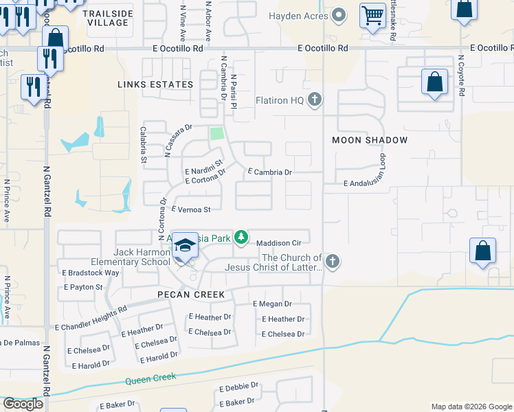 map of restaurants, bars, coffee shops, grocery stores, and more near 1330 East Vernoa Street in San Tan Valley