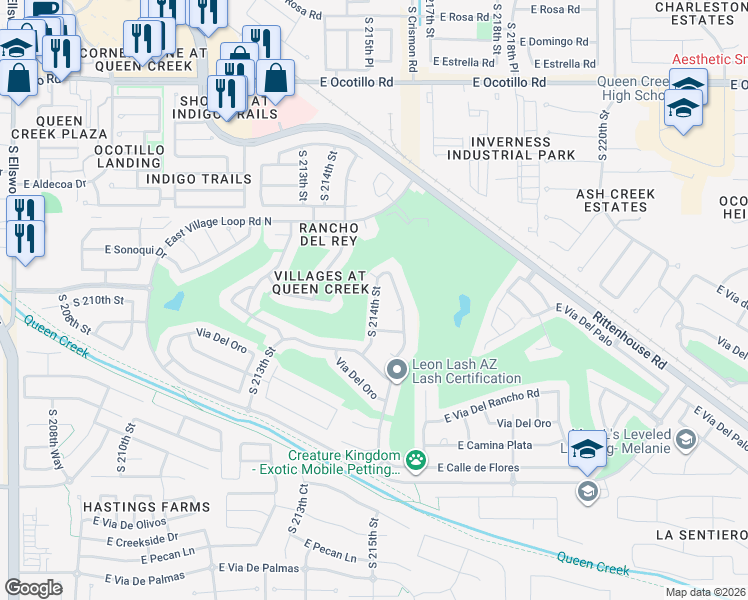map of restaurants, bars, coffee shops, grocery stores, and more near 22806 South 214th Street in Queen Creek
