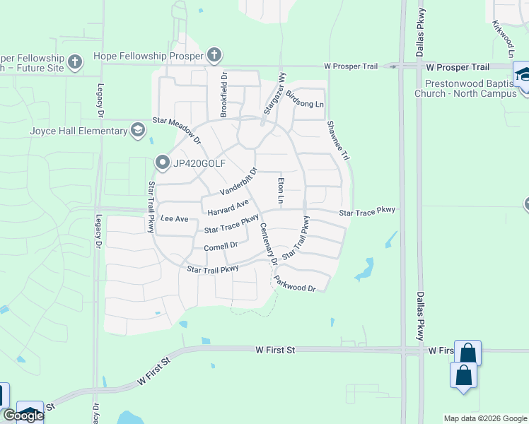 map of restaurants, bars, coffee shops, grocery stores, and more near 1911 Star Trace Parkway in Prosper