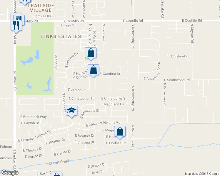map of restaurants, bars, coffee shops, grocery stores, and more near 1400 East Vernoa Street in Queen Creek