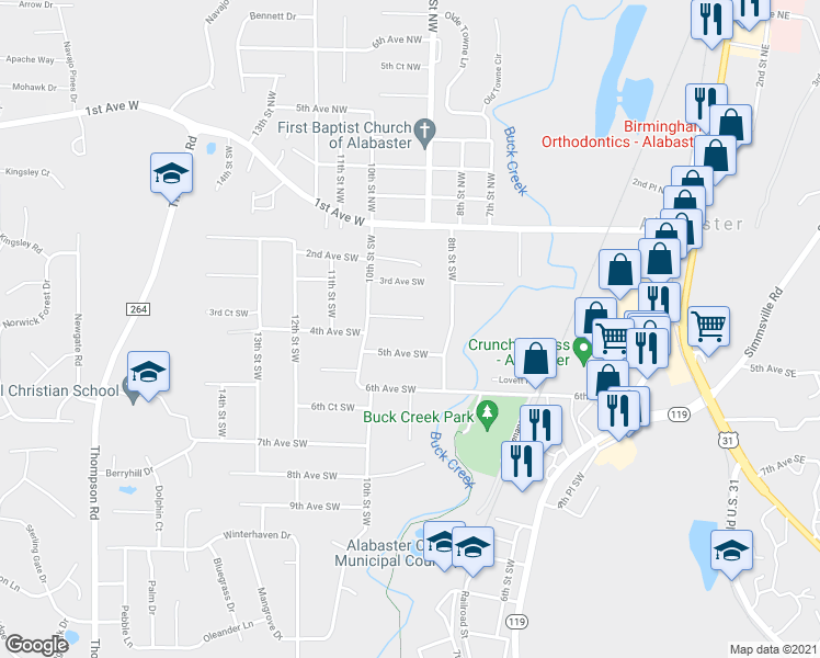 map of restaurants, bars, coffee shops, grocery stores, and more near 907 4th Avenue Southwest in Alabaster