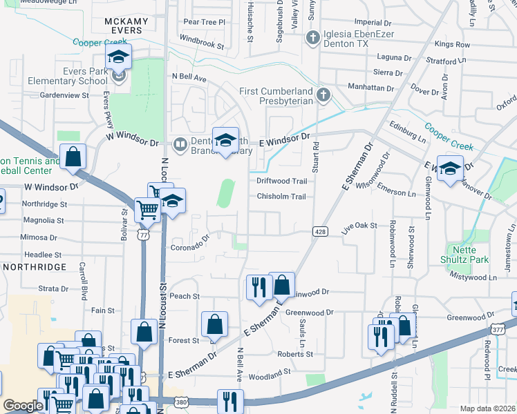 map of restaurants, bars, coffee shops, grocery stores, and more near 501 Chisholm Trail in Denton