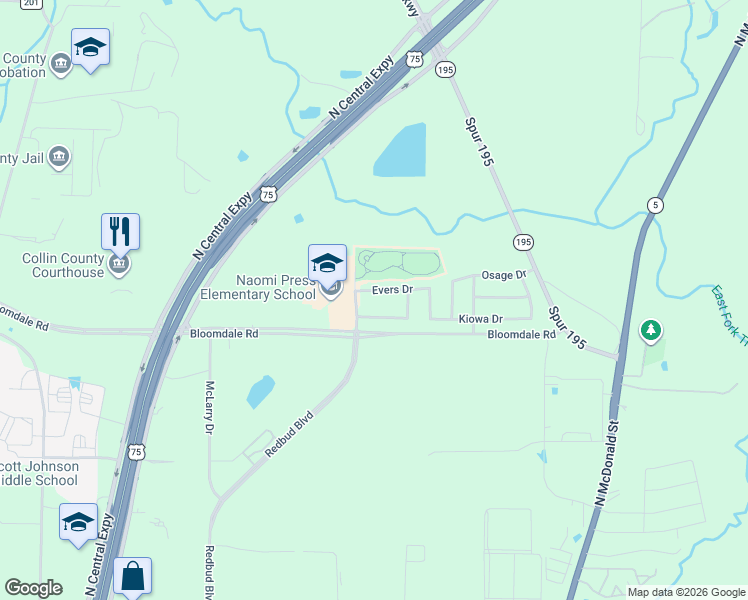 map of restaurants, bars, coffee shops, grocery stores, and more near 1208 Evers Drive in McKinney