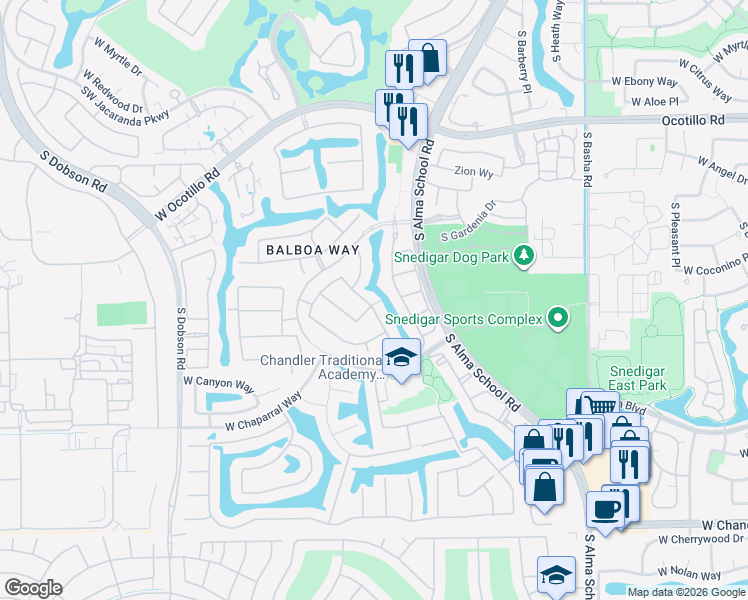 map of restaurants, bars, coffee shops, grocery stores, and more near 4390 South Rosemary Place in Chandler