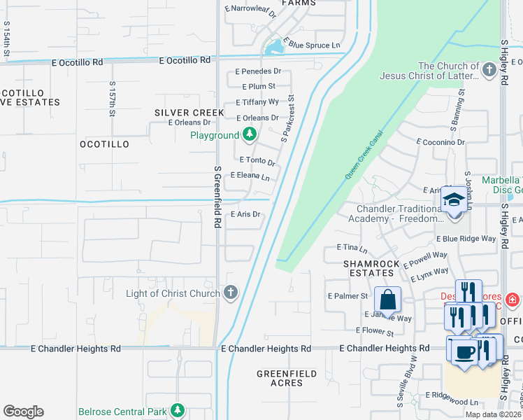 map of restaurants, bars, coffee shops, grocery stores, and more near 2547 East Prescott Court in Gilbert