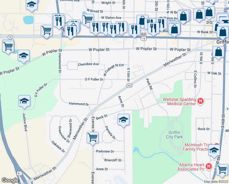 map of restaurants, bars, coffee shops, grocery stores, and more near 1001 Meriwether Street in Griffin