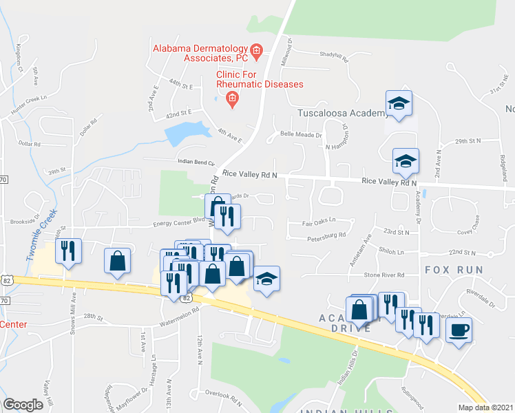 map of restaurants, bars, coffee shops, grocery stores, and more near 1039 Vineyards Drive in Tuscaloosa