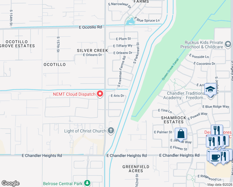 map of restaurants, bars, coffee shops, grocery stores, and more near 2466 East Aris Drive in Gilbert