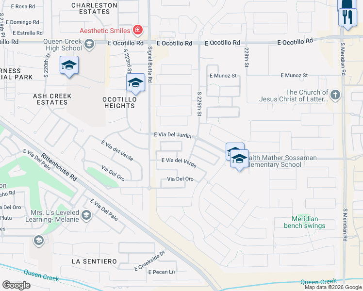 map of restaurants, bars, coffee shops, grocery stores, and more near 22532 East Creosote Drive in Queen Creek