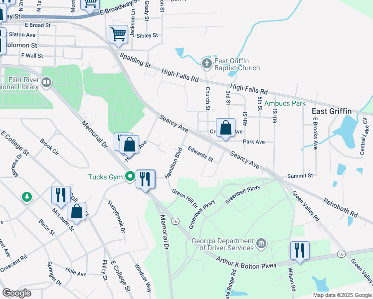 map of restaurants, bars, coffee shops, grocery stores, and more near 4 Edwards Street in Griffin