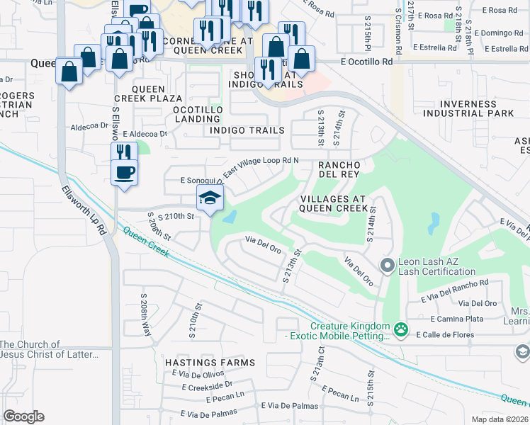 map of restaurants, bars, coffee shops, grocery stores, and more near 22802 South Legends Road in Queen Creek