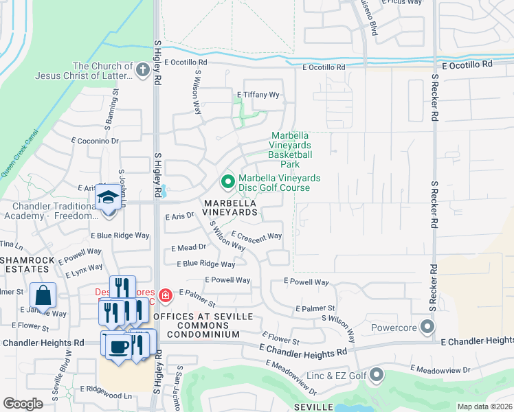 map of restaurants, bars, coffee shops, grocery stores, and more near 6012 Shelby Way in Gilbert