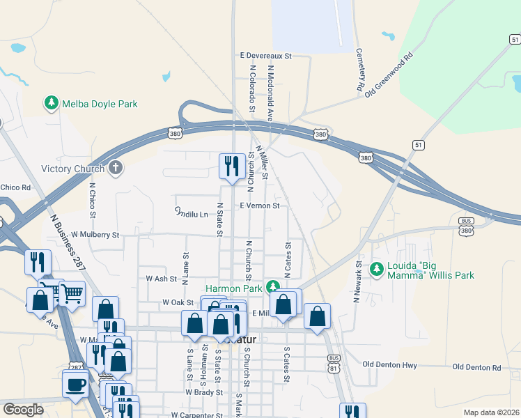 map of restaurants, bars, coffee shops, grocery stores, and more near 1002 North Miller Street in Decatur