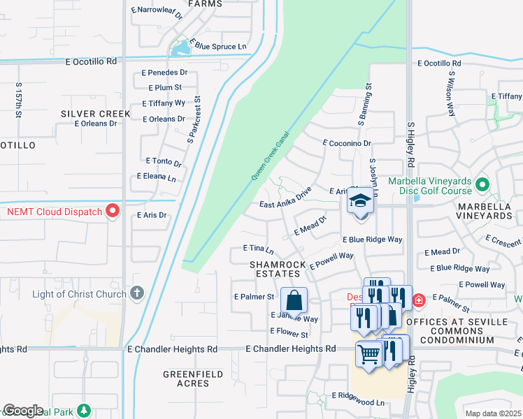map of restaurants, bars, coffee shops, grocery stores, and more near 2789 Anika Drive in Gilbert