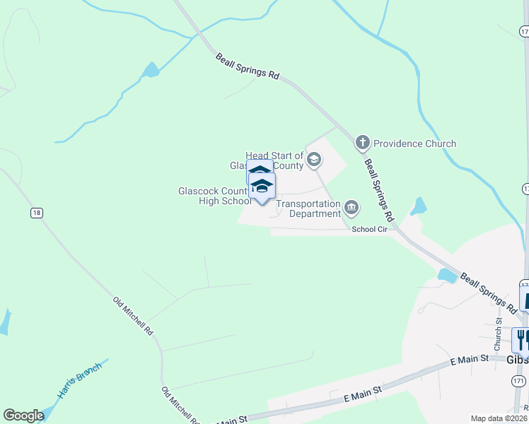 map of restaurants, bars, coffee shops, grocery stores, and more near 1230 Panther Way in Gibson