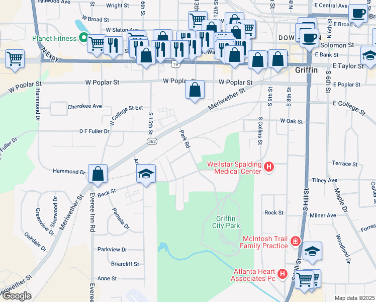 map of restaurants, bars, coffee shops, grocery stores, and more near 703 Pimento Avenue in Griffin