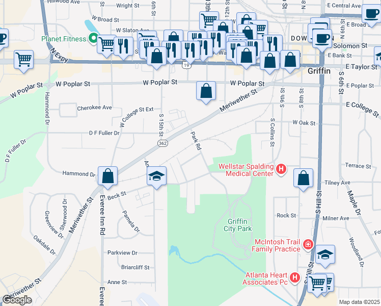 map of restaurants, bars, coffee shops, grocery stores, and more near 703 Pimento Avenue in Griffin