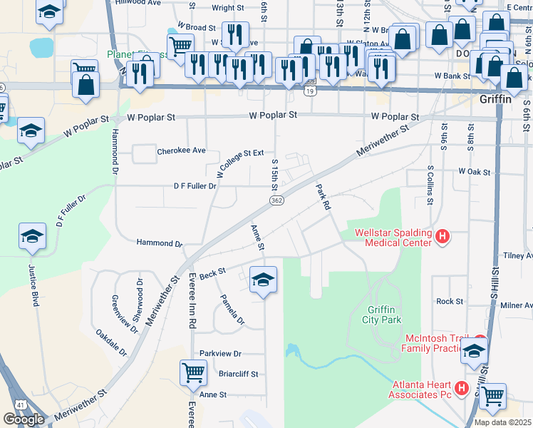 map of restaurants, bars, coffee shops, grocery stores, and more near 901 Meriwether Street in Griffin