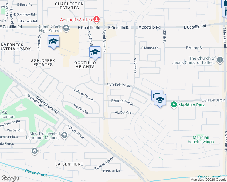 map of restaurants, bars, coffee shops, grocery stores, and more near 22459 East Creosote Drive in Queen Creek