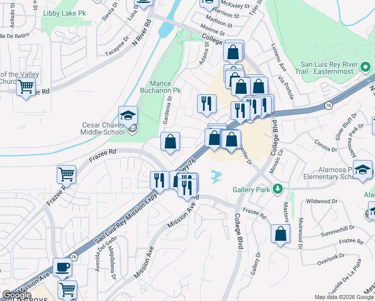 map of restaurants, bars, coffee shops, grocery stores, and more near 4776 Dalea Place in Oceanside