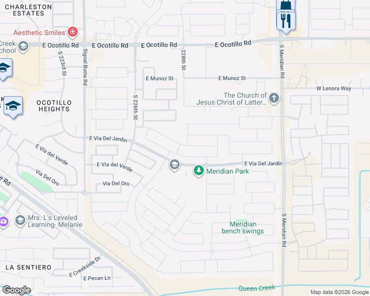 map of restaurants, bars, coffee shops, grocery stores, and more near 22840 East Desert Hills Drive in Queen Creek