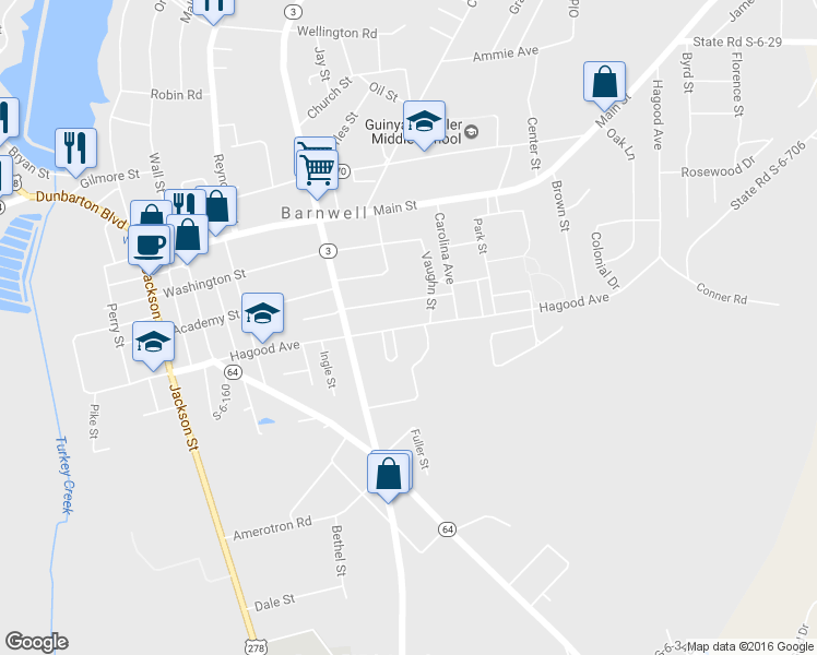 map of restaurants, bars, coffee shops, grocery stores, and more near 734 Hagood Avenue in Barnwell