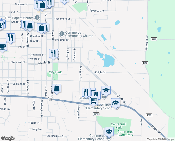 map of restaurants, bars, coffee shops, grocery stores, and more near 511 Maple Street in Commerce