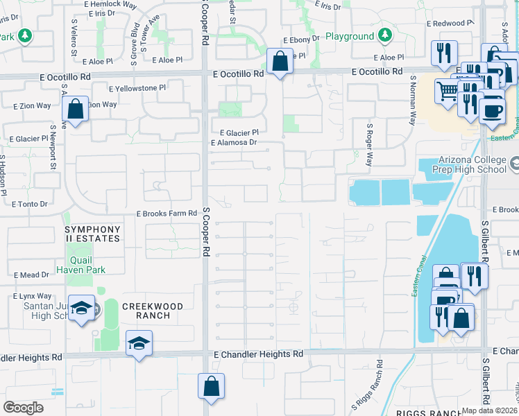 map of restaurants, bars, coffee shops, grocery stores, and more near 2162 East Tonto Place in Chandler