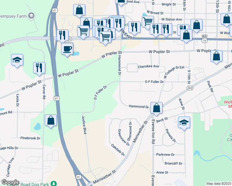 map of restaurants, bars, coffee shops, grocery stores, and more near 415 Hammond Drive in Griffin