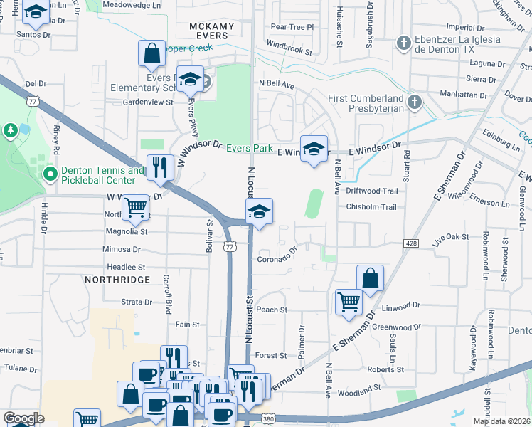 map of restaurants, bars, coffee shops, grocery stores, and more near 2918 North Locust Street in Denton