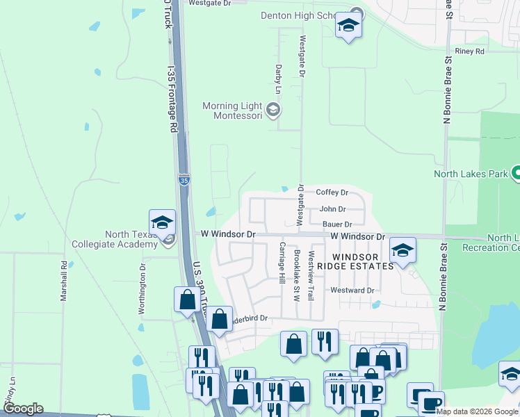 map of restaurants, bars, coffee shops, grocery stores, and more near 2731 Clarendon Drive in Denton