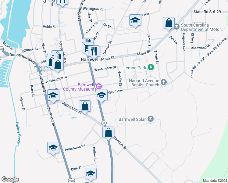 map of restaurants, bars, coffee shops, grocery stores, and more near 734 Hagood Avenue in Barnwell