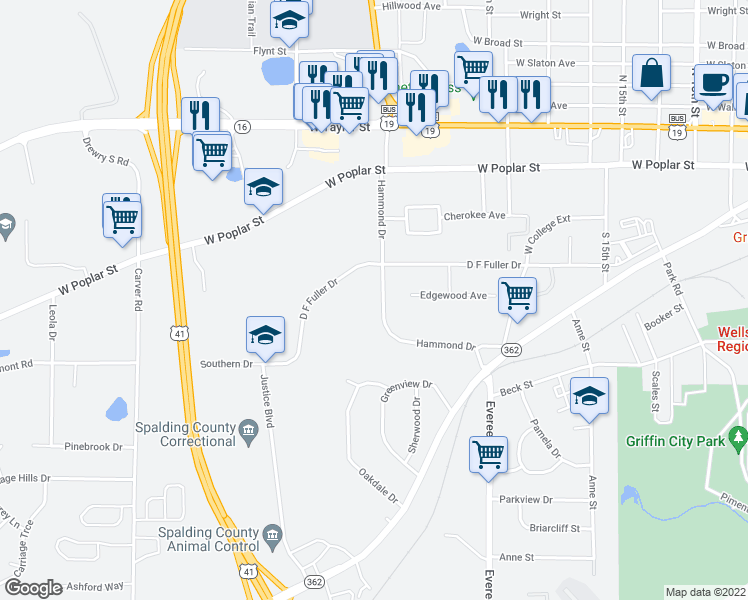 map of restaurants, bars, coffee shops, grocery stores, and more near 415 Hammond Drive in Griffin